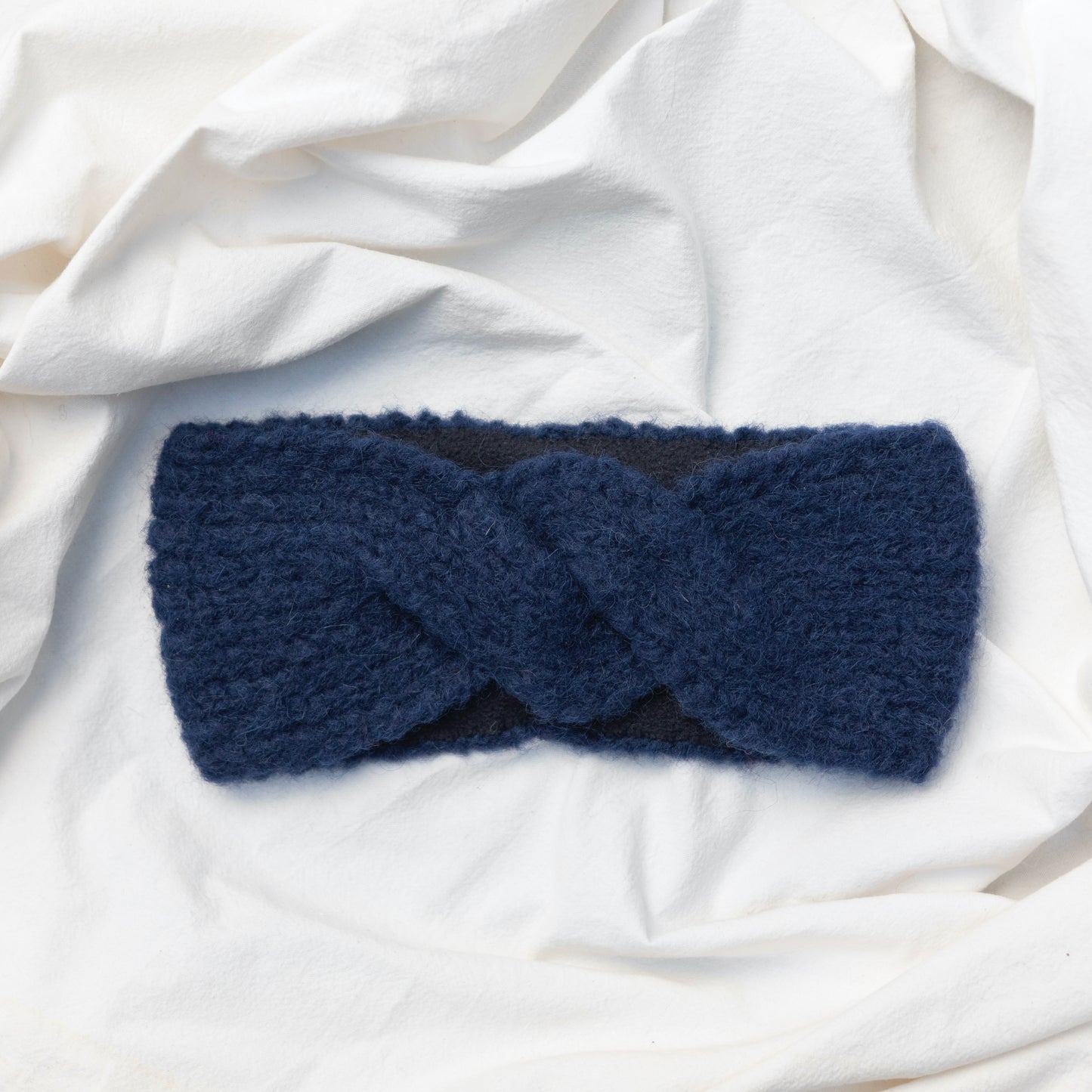 Hand-knitted, artisan, navy blue, soft alpaca wool headband