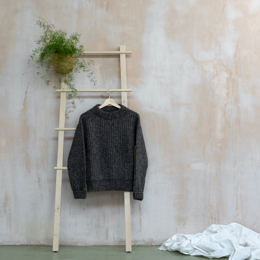 Round neck chunky knit sweater, alpaca and cotton, displayed on ladder 